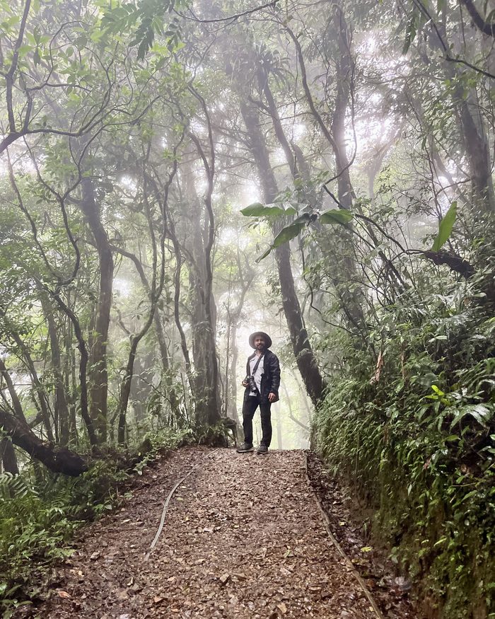 Juan José standing on a fog-covered forest trail, dwarfed by tall trees fading into the mist.