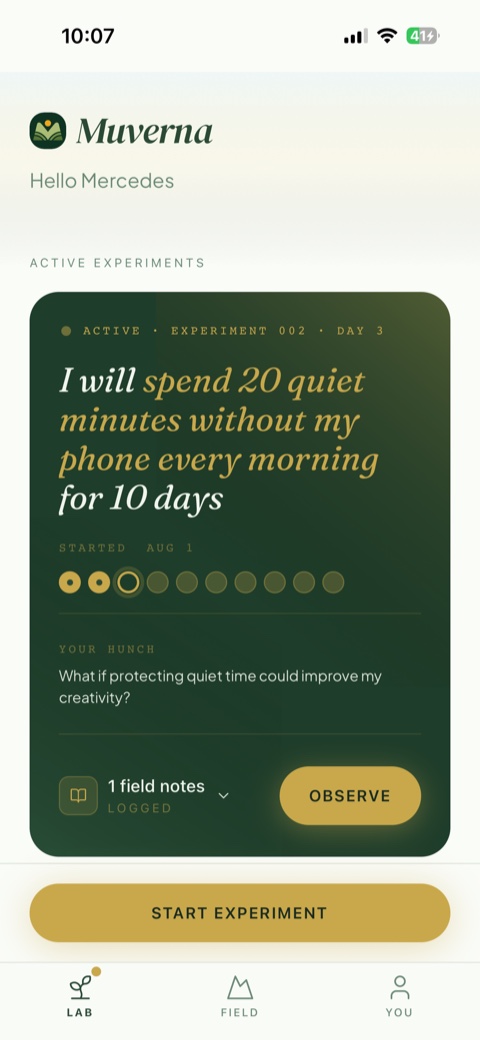 Muverna app screen showing an active experiment: a 10-day commitment to spend 20 quiet minutes without a phone each morning.
